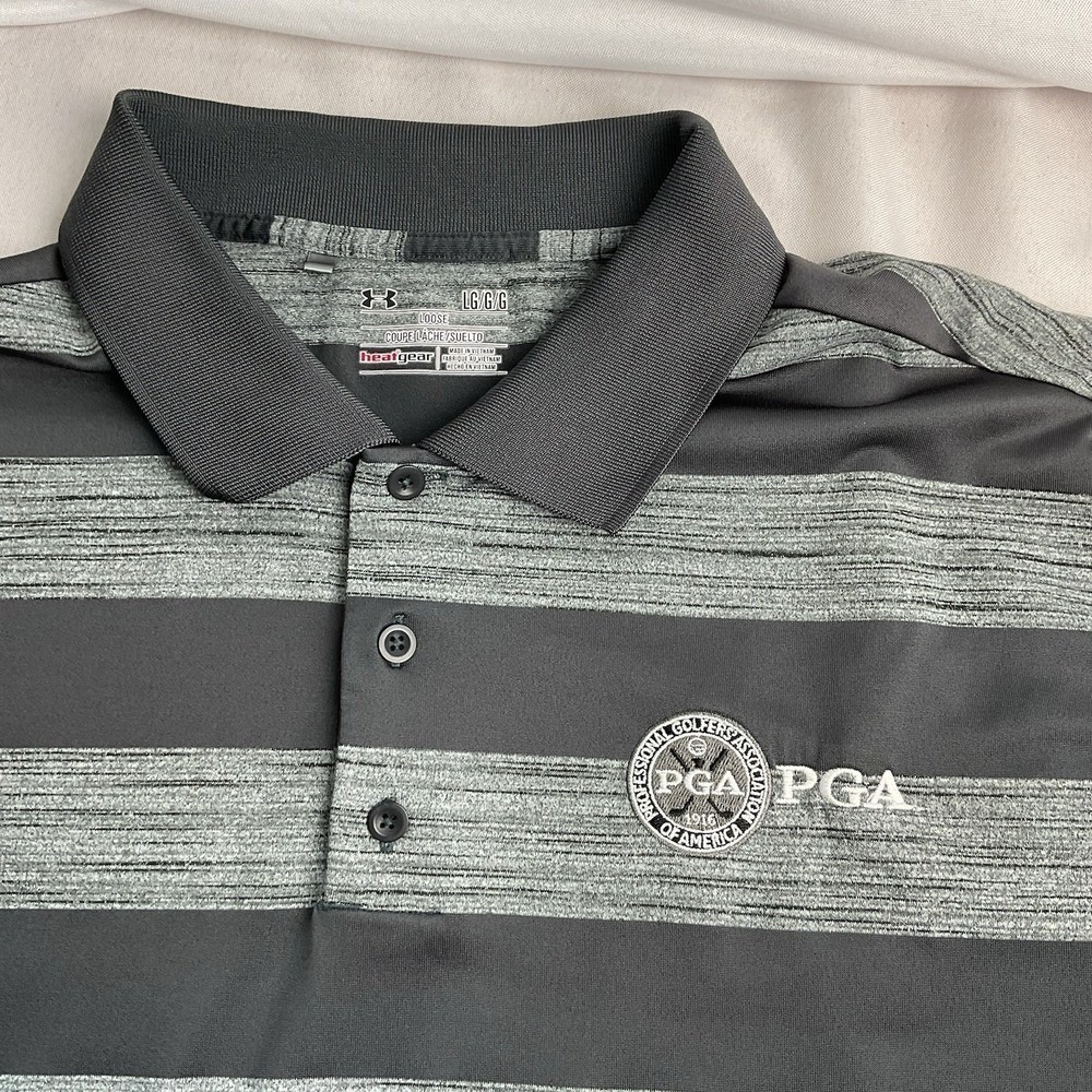 UA Golf PGA Heat Gear Polo Shirt Men's Large Gray Stripes Embroidered short slv - Picture 2 of 6